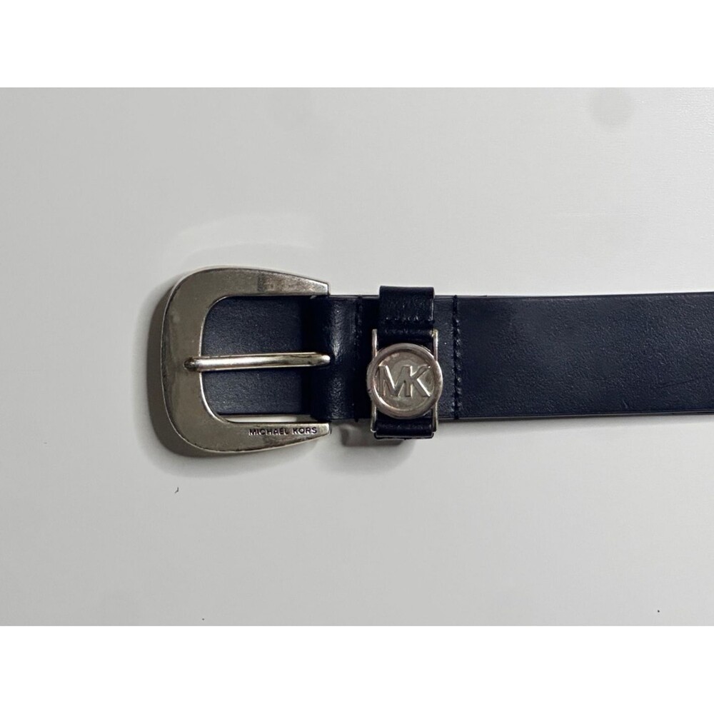 Michael Kors Genuine Leather Belt Navy Blue Silver Buckle MK Logo Size M